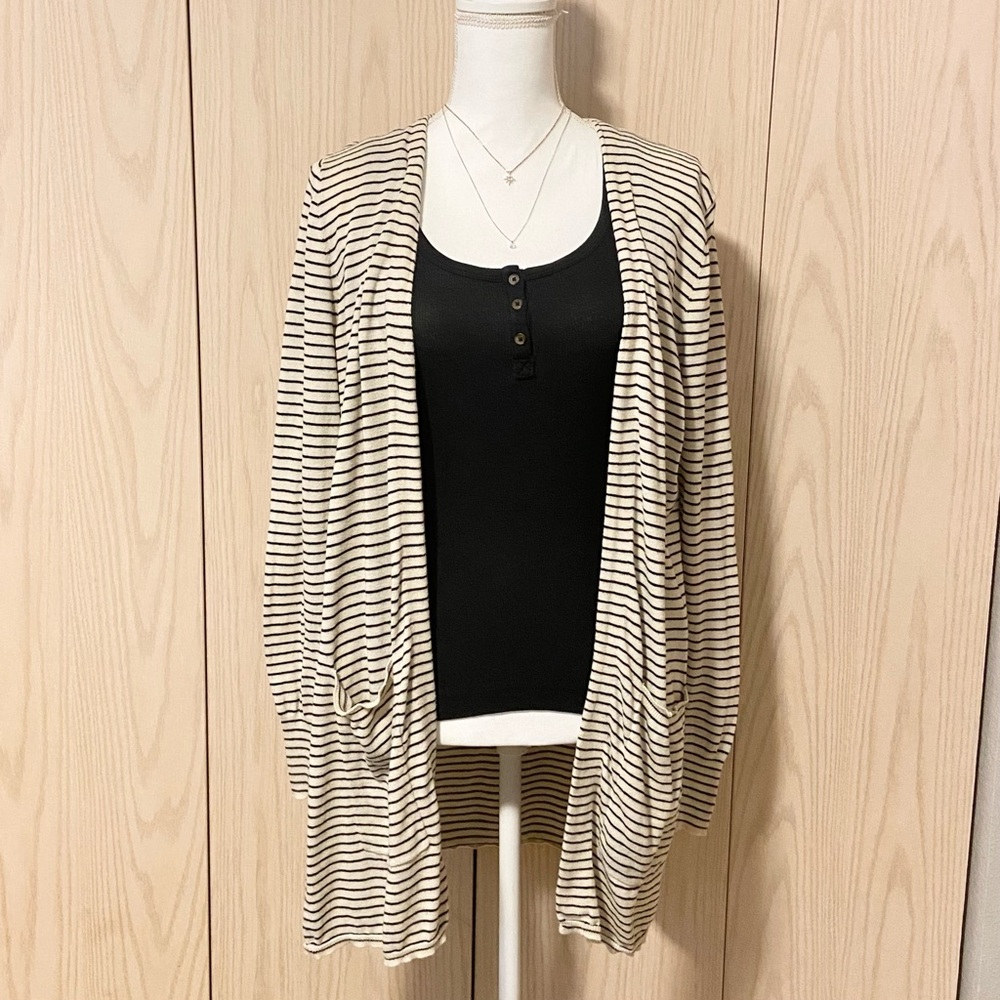 Billabong Sweater Women’s Medium Open Front Cardigan Tan + Black Stripes Boho M